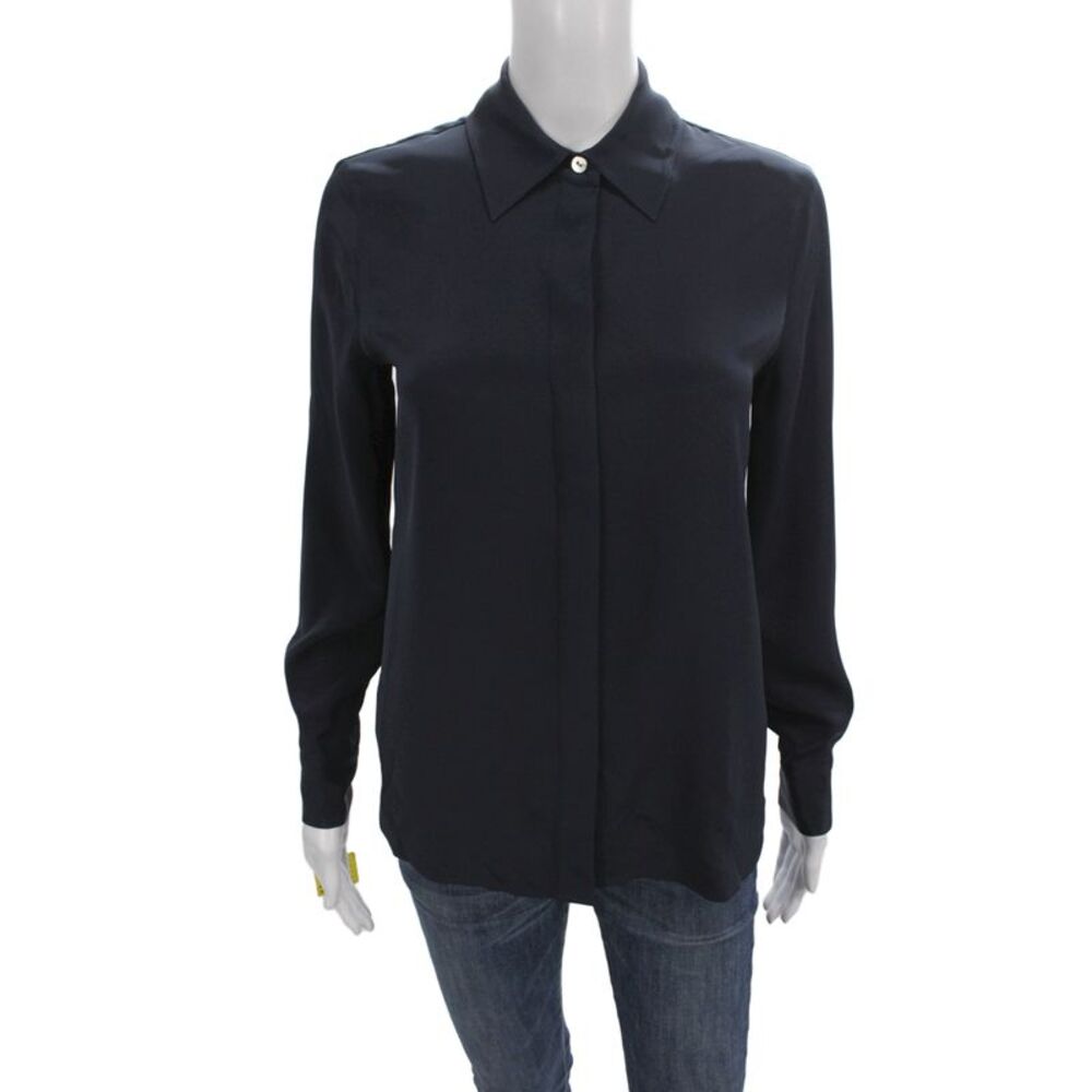 Lily Silk Womens Mulberry Silk Collared Button Up Top Blue Long Sleeve Size XS